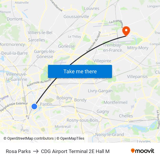 Rosa Parks to CDG Airport Terminal 2E Hall M map