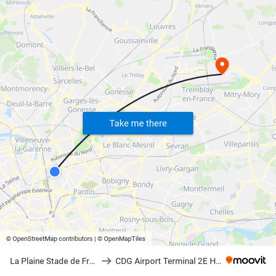 La Plaine Stade de France to CDG Airport Terminal 2E Hall M map