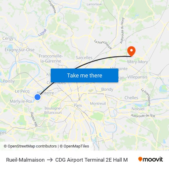 Rueil-Malmaison to CDG Airport Terminal 2E Hall M map