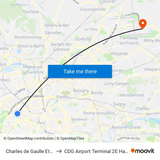 Charles de Gaulle Etoile to CDG Airport Terminal 2E Hall M map