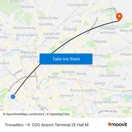 Trocadéro to CDG Airport Terminal 2E Hall M map