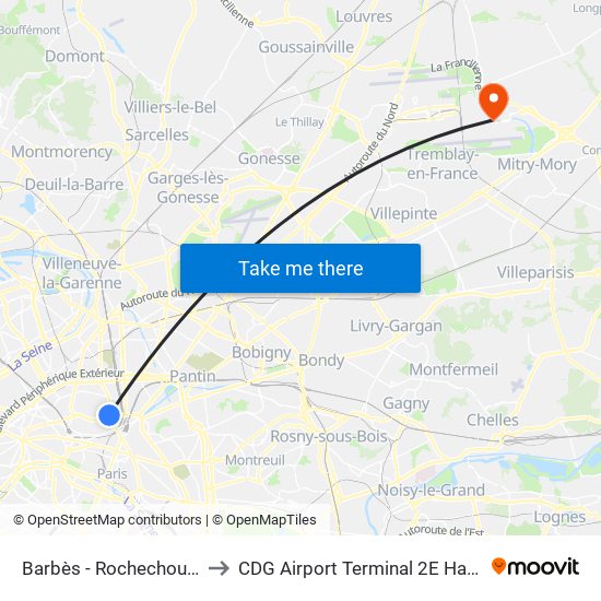 Barbès - Rochechouart to CDG Airport Terminal 2E Hall M map