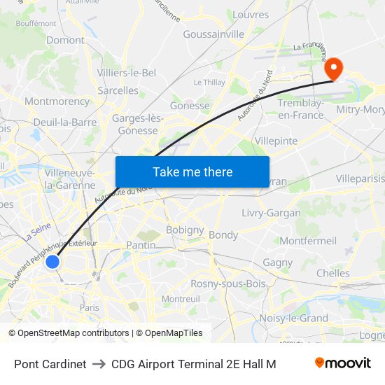 Pont Cardinet to CDG Airport Terminal 2E Hall M map