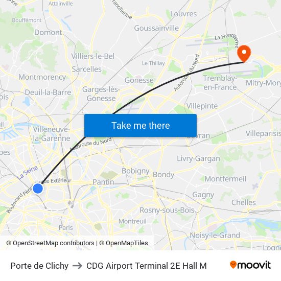 Porte de Clichy to CDG Airport Terminal 2E Hall M map
