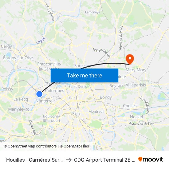 Houilles - Carrières-Sur-Seine to CDG Airport Terminal 2E Hall M map