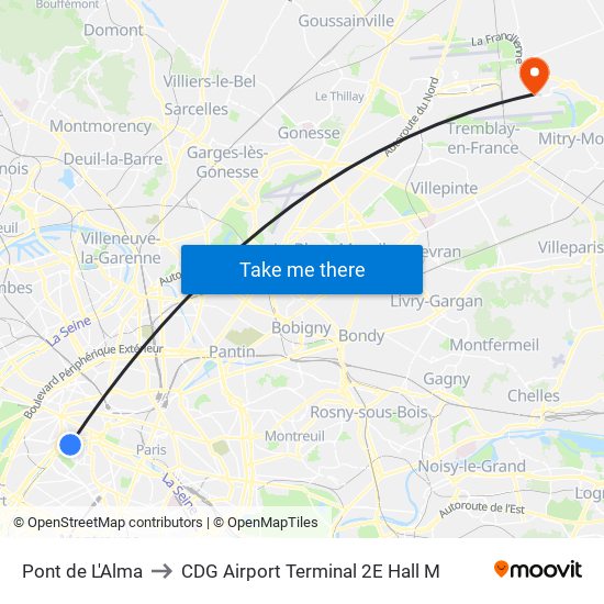 Pont de L'Alma to CDG Airport Terminal 2E Hall M map