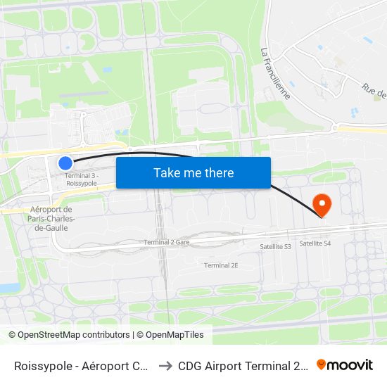 Roissypole - Aéroport Cdg1 (D3) to CDG Airport Terminal 2E Hall M map