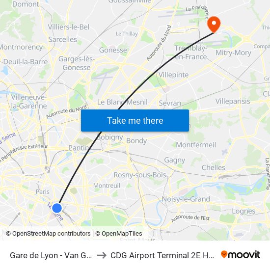 Gare de Lyon - Van Gogh to CDG Airport Terminal 2E Hall M map