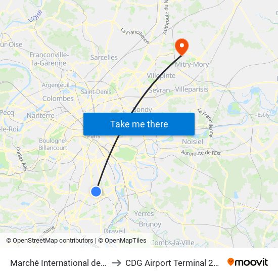 Marché International de Rungis to CDG Airport Terminal 2E Hall M map
