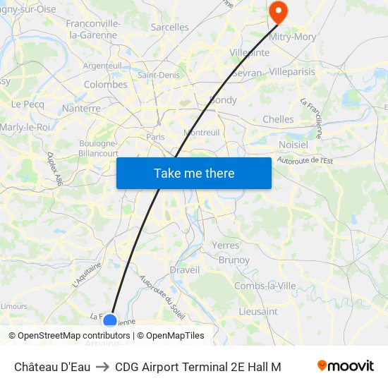Château D'Eau to CDG Airport Terminal 2E Hall M map