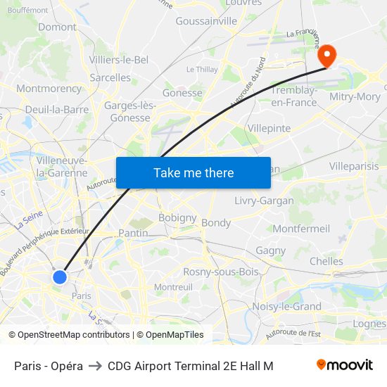 Paris - Opéra to CDG Airport Terminal 2E Hall M map