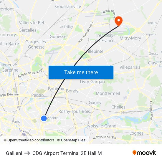 Gallieni to CDG Airport Terminal 2E Hall M map