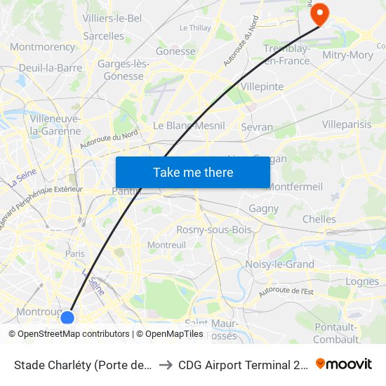 Stade Charléty (Porte de Gentilly) to CDG Airport Terminal 2E Hall M map