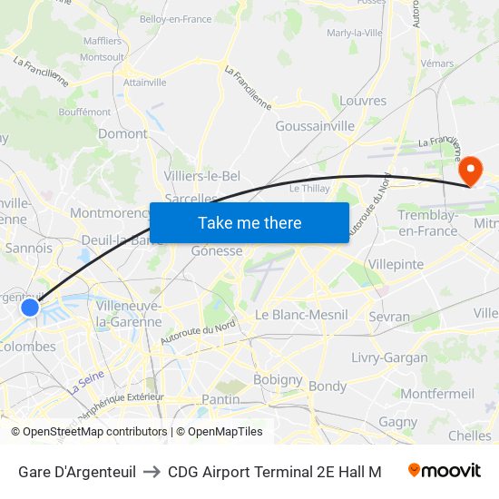 Gare D'Argenteuil to CDG Airport Terminal 2E Hall M map