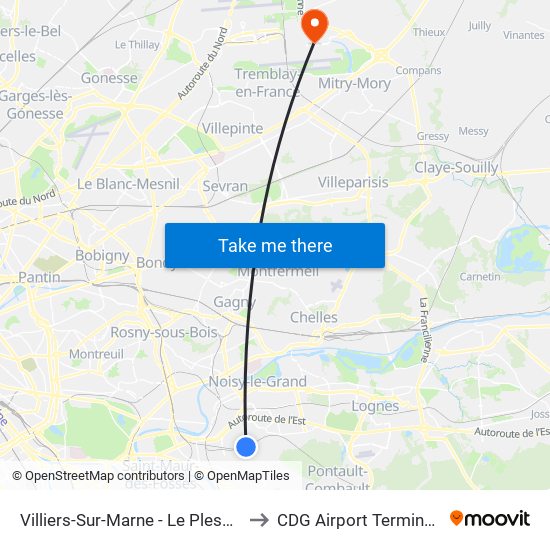 Villiers-Sur-Marne - Le Plessis-Trévise RER to CDG Airport Terminal 2E Hall M map