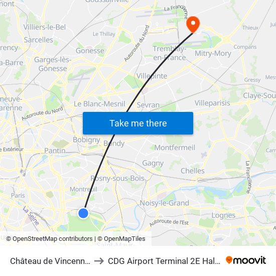 Château de Vincennes to CDG Airport Terminal 2E Hall M map