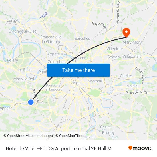 Hôtel de Ville to CDG Airport Terminal 2E Hall M map