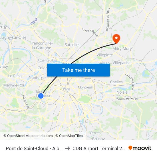 Pont de Saint-Cloud - Albert Kahn to CDG Airport Terminal 2E Hall M map