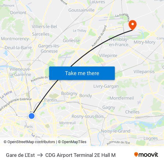 Gare de L'Est to CDG Airport Terminal 2E Hall M map