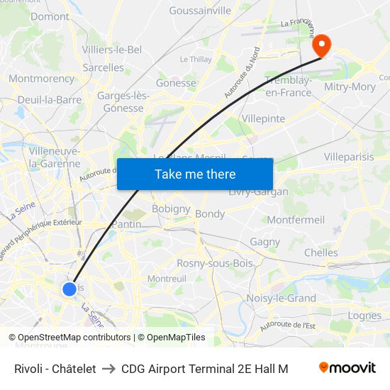 Rivoli - Châtelet to CDG Airport Terminal 2E Hall M map