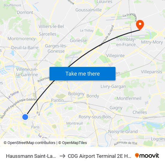 Haussmann Saint-Lazare to CDG Airport Terminal 2E Hall M map