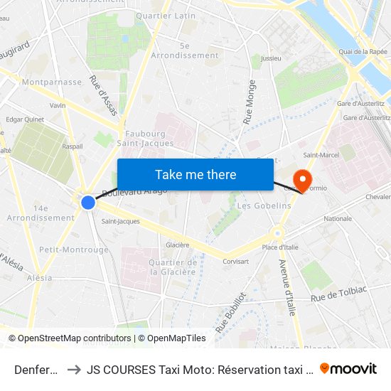 Denfert-Rochereau to JS COURSES Taxi Moto: Réservation taxi moto Paris Aéroport Orly Roissy Motorcycle Taxi map