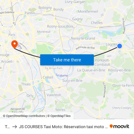 Torcy to JS COURSES Taxi Moto: Réservation taxi moto Paris Aéroport Orly Roissy Motorcycle Taxi map
