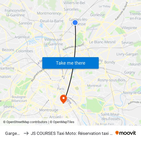Garges - Sarcelles to JS COURSES Taxi Moto: Réservation taxi moto Paris Aéroport Orly Roissy Motorcycle Taxi map