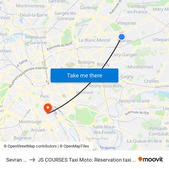 Sevran Beaudottes to JS COURSES Taxi Moto: Réservation taxi moto Paris Aéroport Orly Roissy Motorcycle Taxi map