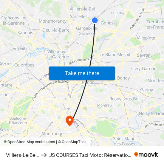 Villiers-Le-Bel - Gonesse - Arnouville to JS COURSES Taxi Moto: Réservation taxi moto Paris Aéroport Orly Roissy Motorcycle Taxi map