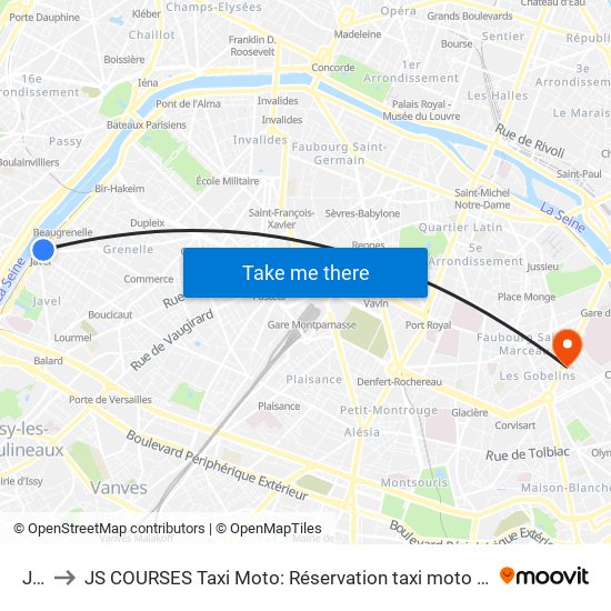 Javel to JS COURSES Taxi Moto: Réservation taxi moto Paris Aéroport Orly Roissy Motorcycle Taxi map