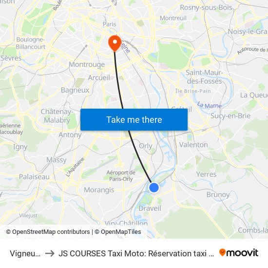 Vigneux-Sur-Seine to JS COURSES Taxi Moto: Réservation taxi moto Paris Aéroport Orly Roissy Motorcycle Taxi map