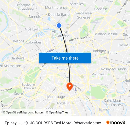 Épinay - Villetaneuse to JS COURSES Taxi Moto: Réservation taxi moto Paris Aéroport Orly Roissy Motorcycle Taxi map