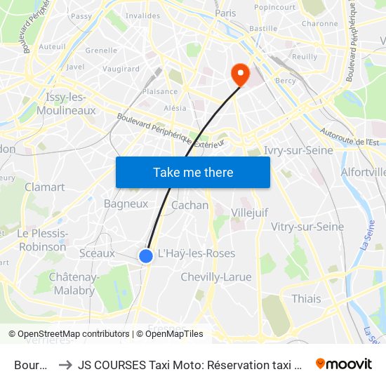 Bourg-La-Reine to JS COURSES Taxi Moto: Réservation taxi moto Paris Aéroport Orly Roissy Motorcycle Taxi map