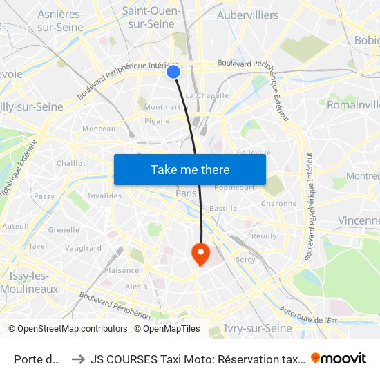 Porte de Clignancourt to JS COURSES Taxi Moto: Réservation taxi moto Paris Aéroport Orly Roissy Motorcycle Taxi map