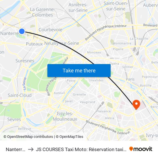 Nanterre Préfecture to JS COURSES Taxi Moto: Réservation taxi moto Paris Aéroport Orly Roissy Motorcycle Taxi map