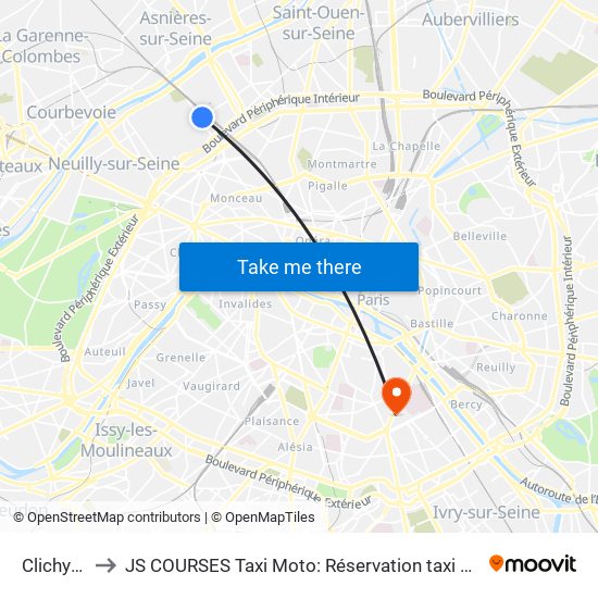 Clichy - Levallois to JS COURSES Taxi Moto: Réservation taxi moto Paris Aéroport Orly Roissy Motorcycle Taxi map