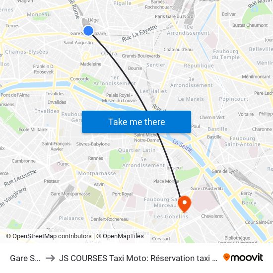 Gare Saint-Lazare to JS COURSES Taxi Moto: Réservation taxi moto Paris Aéroport Orly Roissy Motorcycle Taxi map
