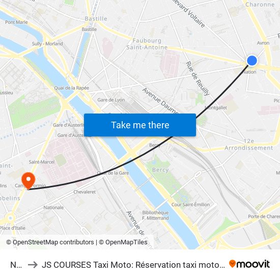 Nation to JS COURSES Taxi Moto: Réservation taxi moto Paris Aéroport Orly Roissy Motorcycle Taxi map