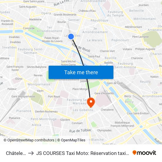 Châtelet Les Halles to JS COURSES Taxi Moto: Réservation taxi moto Paris Aéroport Orly Roissy Motorcycle Taxi map