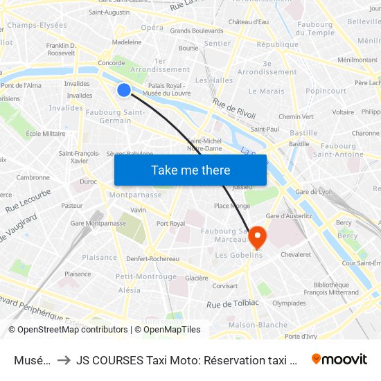 Musée D'Orsay to JS COURSES Taxi Moto: Réservation taxi moto Paris Aéroport Orly Roissy Motorcycle Taxi map