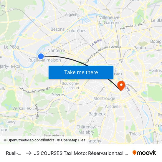 Rueil-Malmaison to JS COURSES Taxi Moto: Réservation taxi moto Paris Aéroport Orly Roissy Motorcycle Taxi map