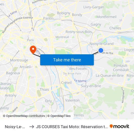 Noisy-Le-Grand - Mont D'Est to JS COURSES Taxi Moto: Réservation taxi moto Paris Aéroport Orly Roissy Motorcycle Taxi map