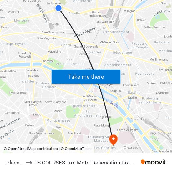 Place de Clichy to JS COURSES Taxi Moto: Réservation taxi moto Paris Aéroport Orly Roissy Motorcycle Taxi map