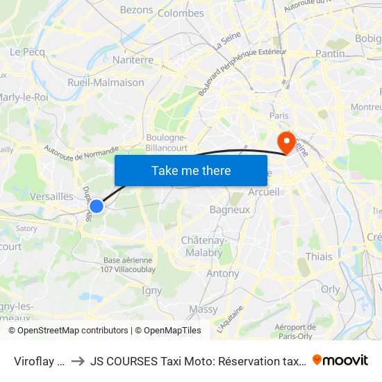 Viroflay - Rive Gauche to JS COURSES Taxi Moto: Réservation taxi moto Paris Aéroport Orly Roissy Motorcycle Taxi map
