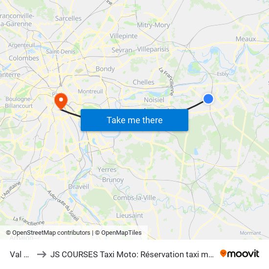 Val D'Europe to JS COURSES Taxi Moto: Réservation taxi moto Paris Aéroport Orly Roissy Motorcycle Taxi map