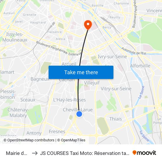 Mairie de Chevilly-Larue to JS COURSES Taxi Moto: Réservation taxi moto Paris Aéroport Orly Roissy Motorcycle Taxi map