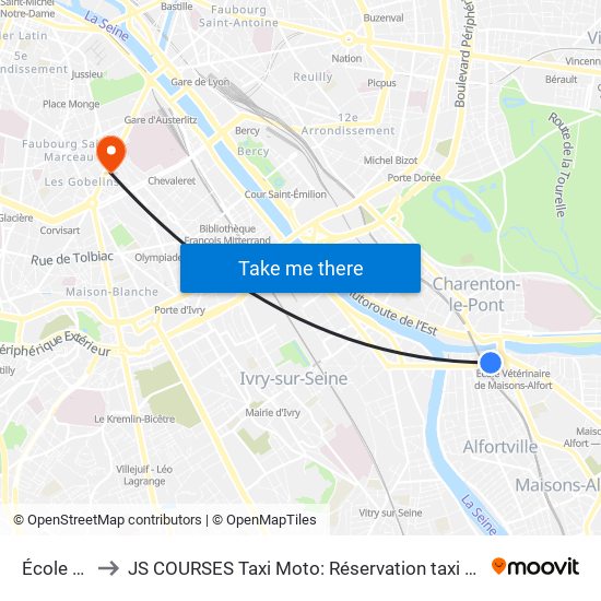 École Vétérinaire to JS COURSES Taxi Moto: Réservation taxi moto Paris Aéroport Orly Roissy Motorcycle Taxi map