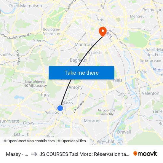 Massy - Palaiseau RER to JS COURSES Taxi Moto: Réservation taxi moto Paris Aéroport Orly Roissy Motorcycle Taxi map