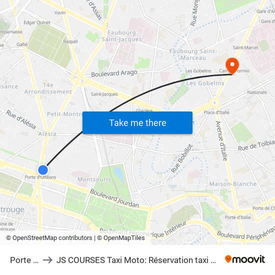 Porte D'Orléans to JS COURSES Taxi Moto: Réservation taxi moto Paris Aéroport Orly Roissy Motorcycle Taxi map